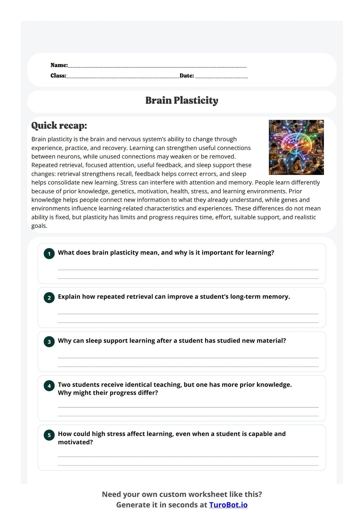 Free Year 10 Science Worksheet - Brain Plasticity preview