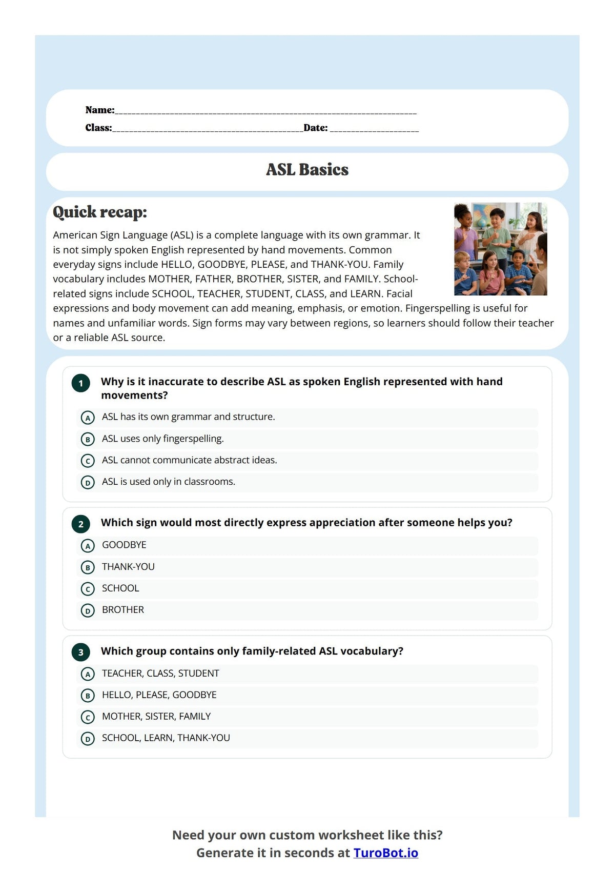 Free Year 9 Language Worksheet - ASL Basics preview