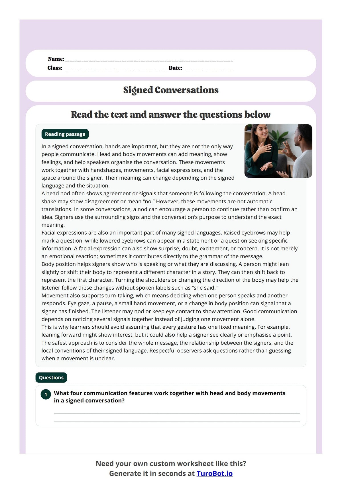 Free Year 8 Language Worksheet - Signed Conversations preview