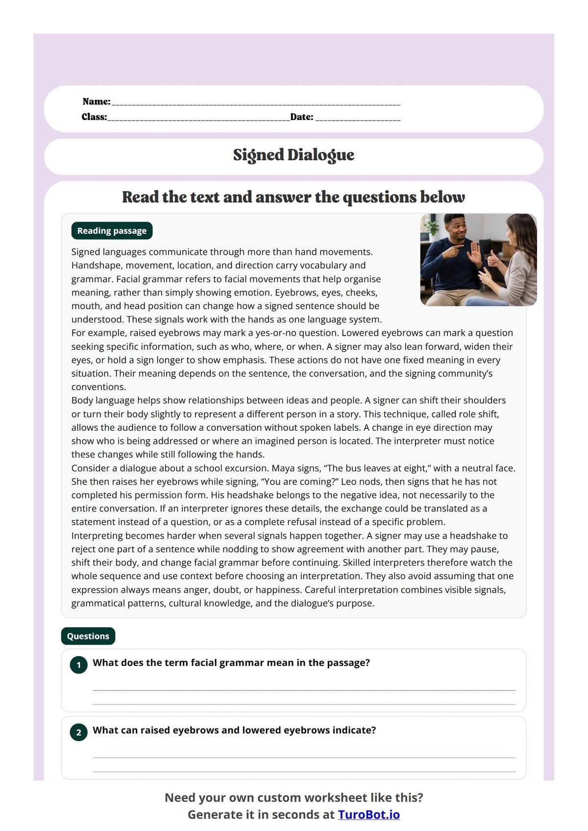 Free Year 10 Language Worksheet - Signed Dialogue preview