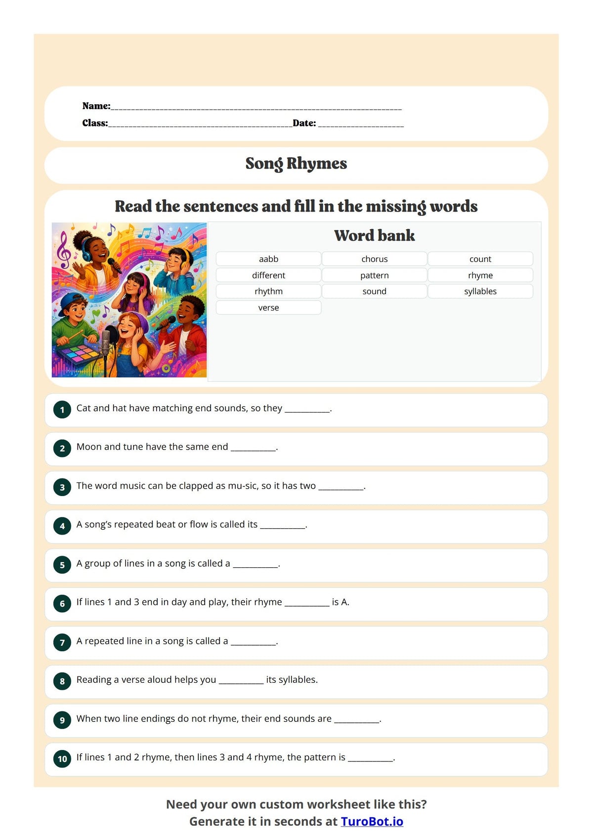 Free Year 5 Music Worksheet - Song Rhymes preview