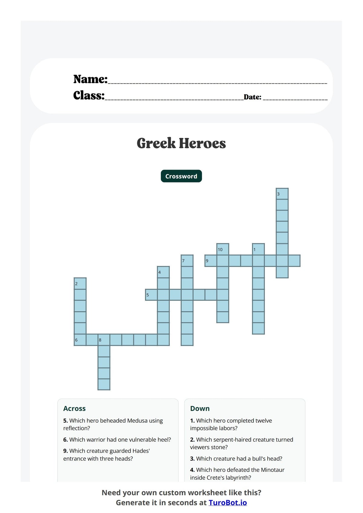 Free Year 6 History Worksheet - Greek Heroes preview