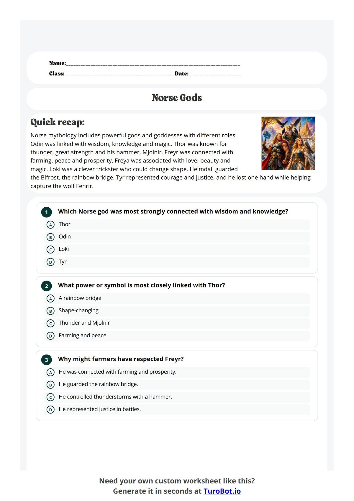 Free Year 5 History Worksheet - Norse Gods preview