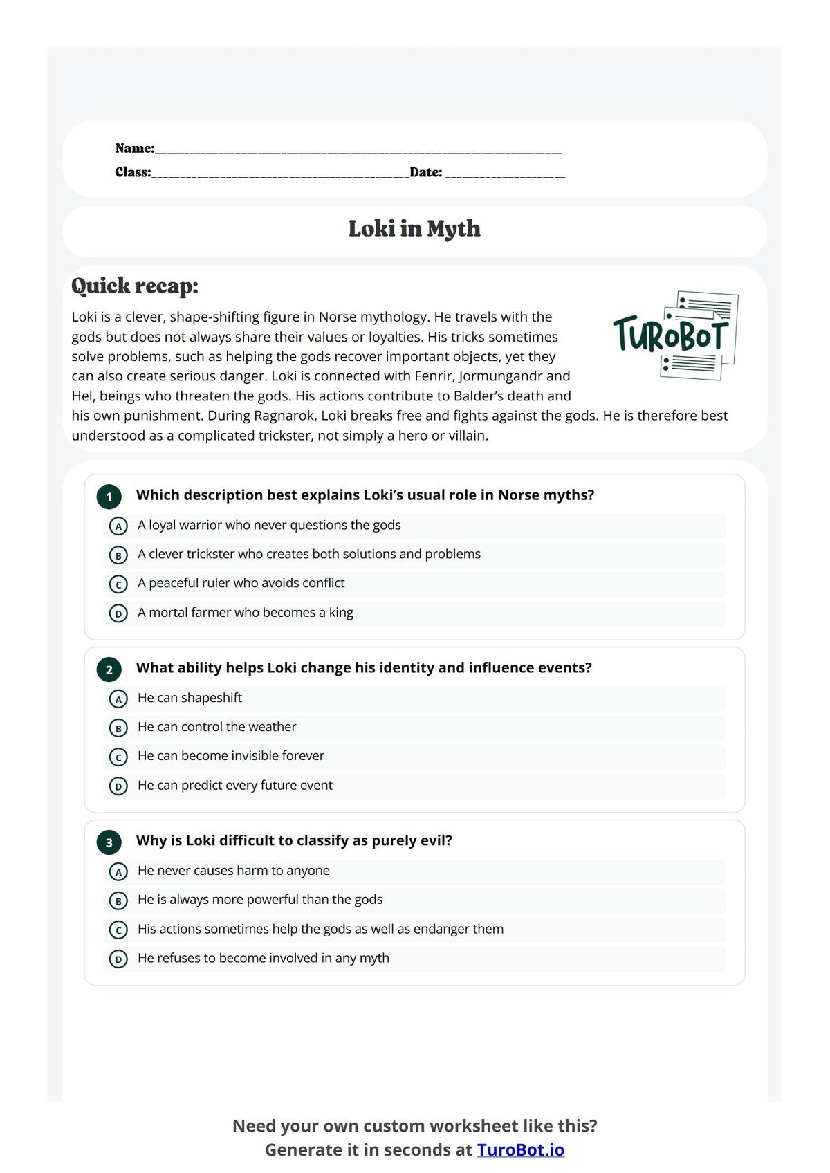 Free Year 8 History Worksheet - Loki in Myth preview