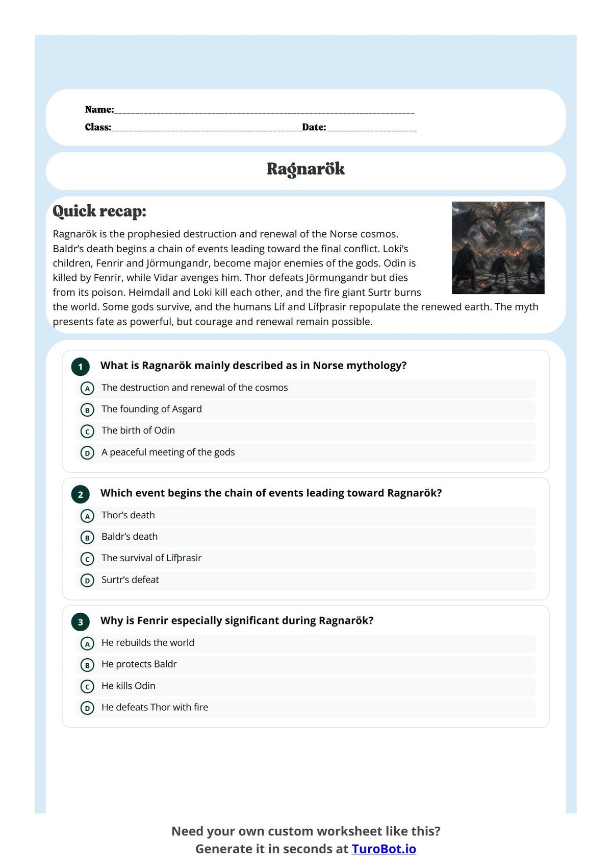 Free Year 9 History Worksheet - Ragnarök preview