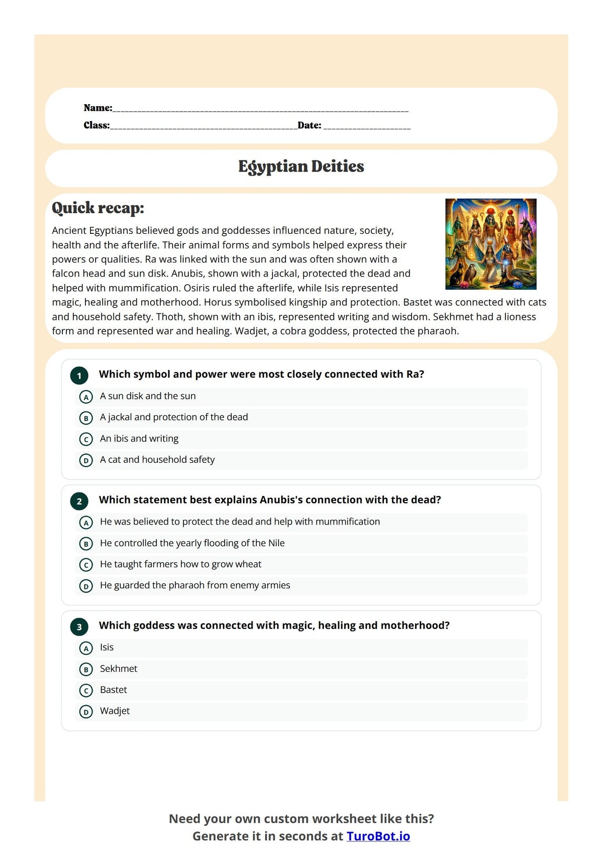 Free Year 6 History Worksheet - Egyptian Deities preview