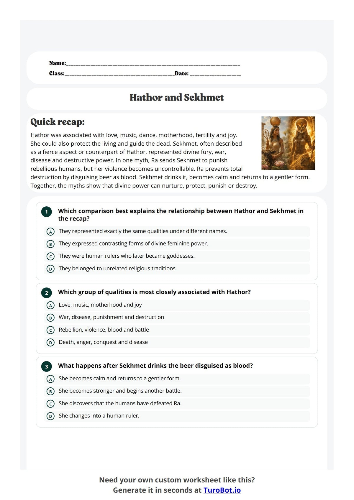 Free Year 10 History Worksheet - Hathor and Sekhmet preview