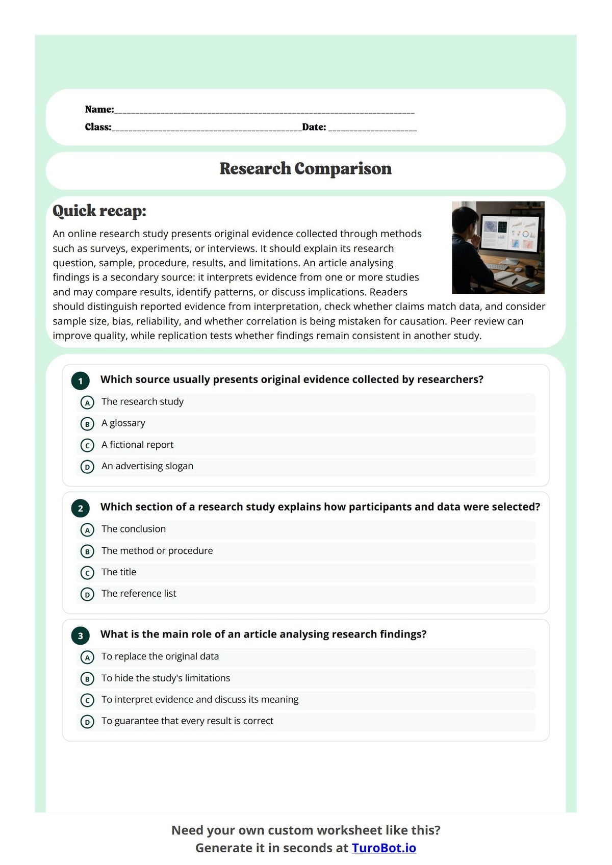 Free Year 10 Media and Literacy Worksheet - Research Comparison preview