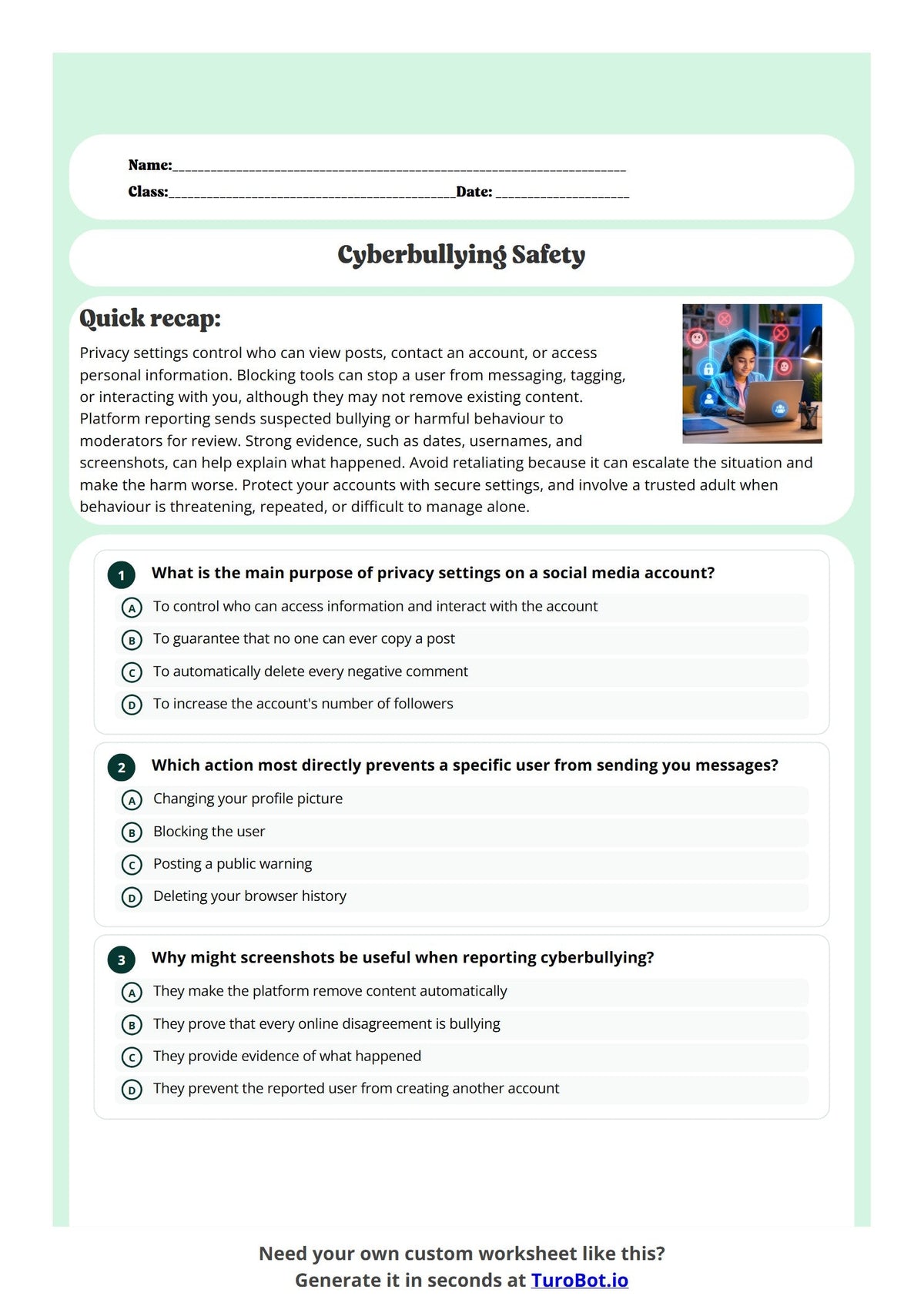 Free Year 10 Media and Literacy Worksheet - Cyberbullying Safety preview