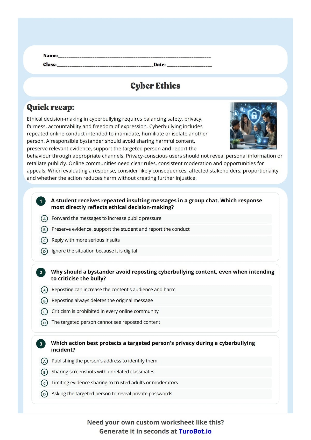 Free Year 11 Media and Literacy Worksheet - Cyber Ethics preview