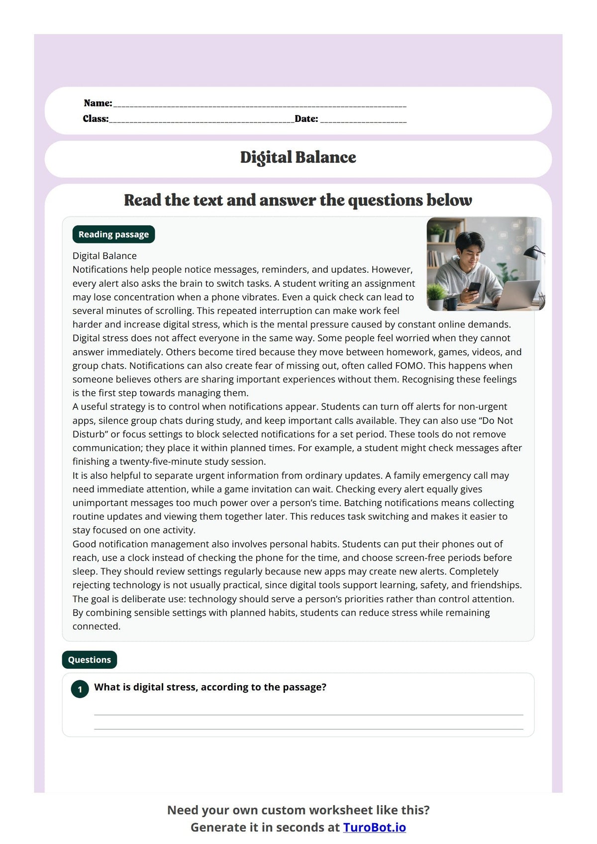 Free Year 9 Media and Literacy Worksheet - Digital Balance preview