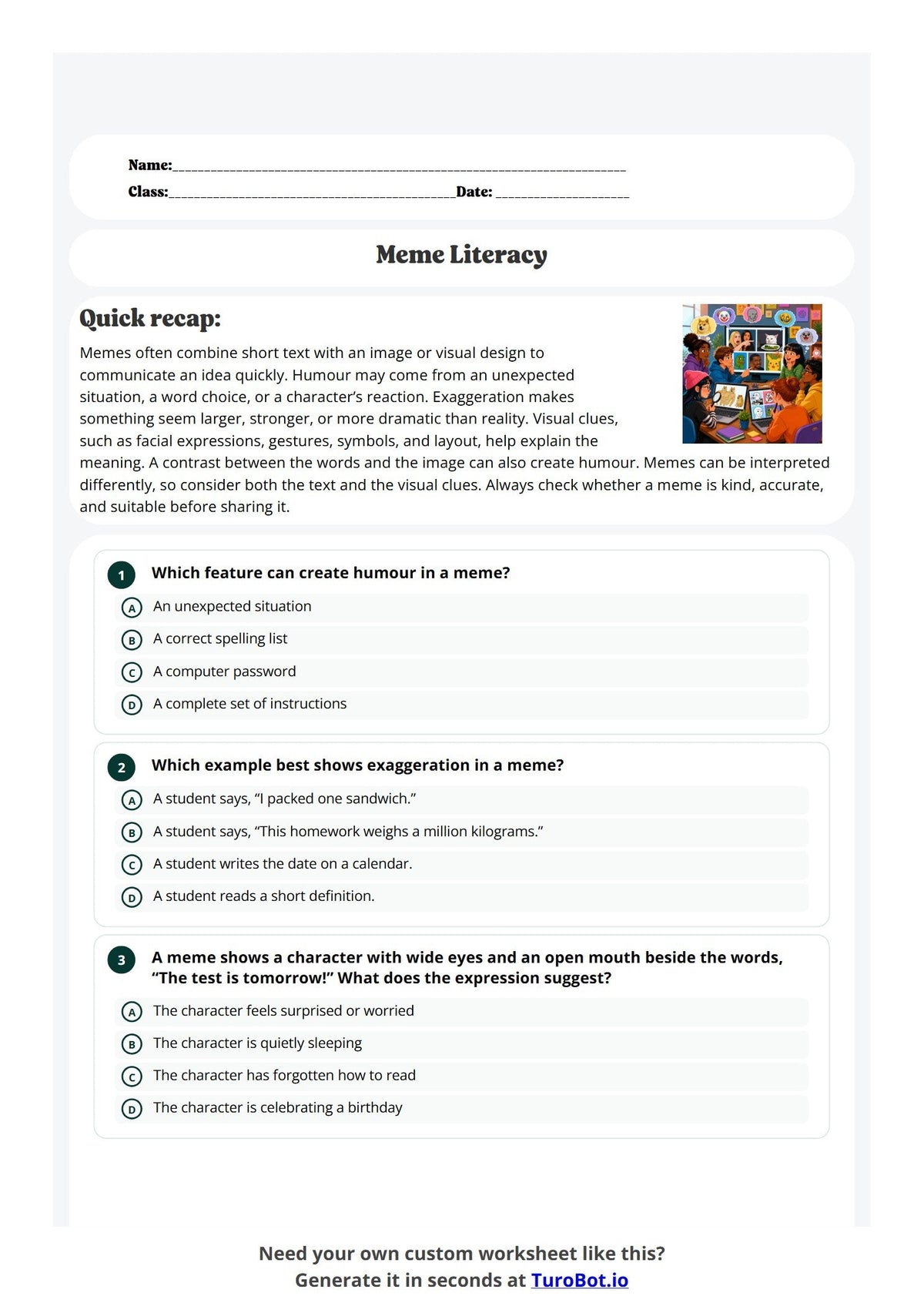 Free Year 6 Worksheet -Meme Literacy preview