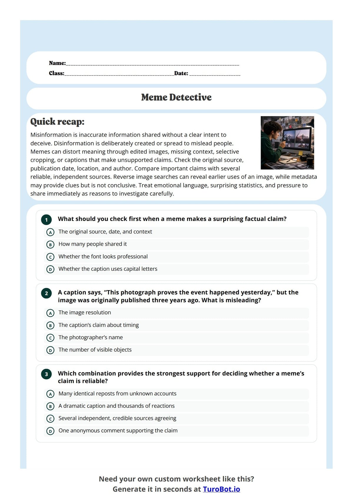 Free Year 9 Worksheet - Meme Detective preview