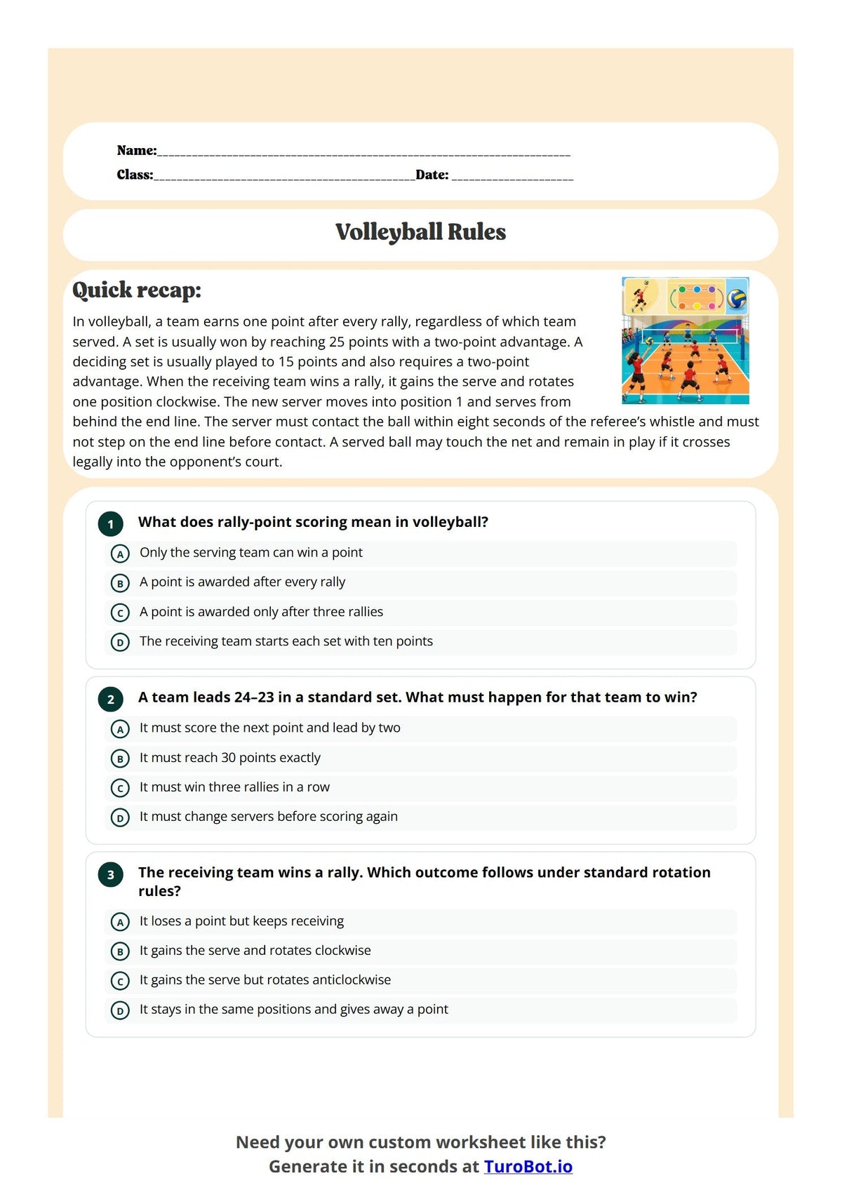 Free Year 7 Worksheet - Volleyball Rules preview