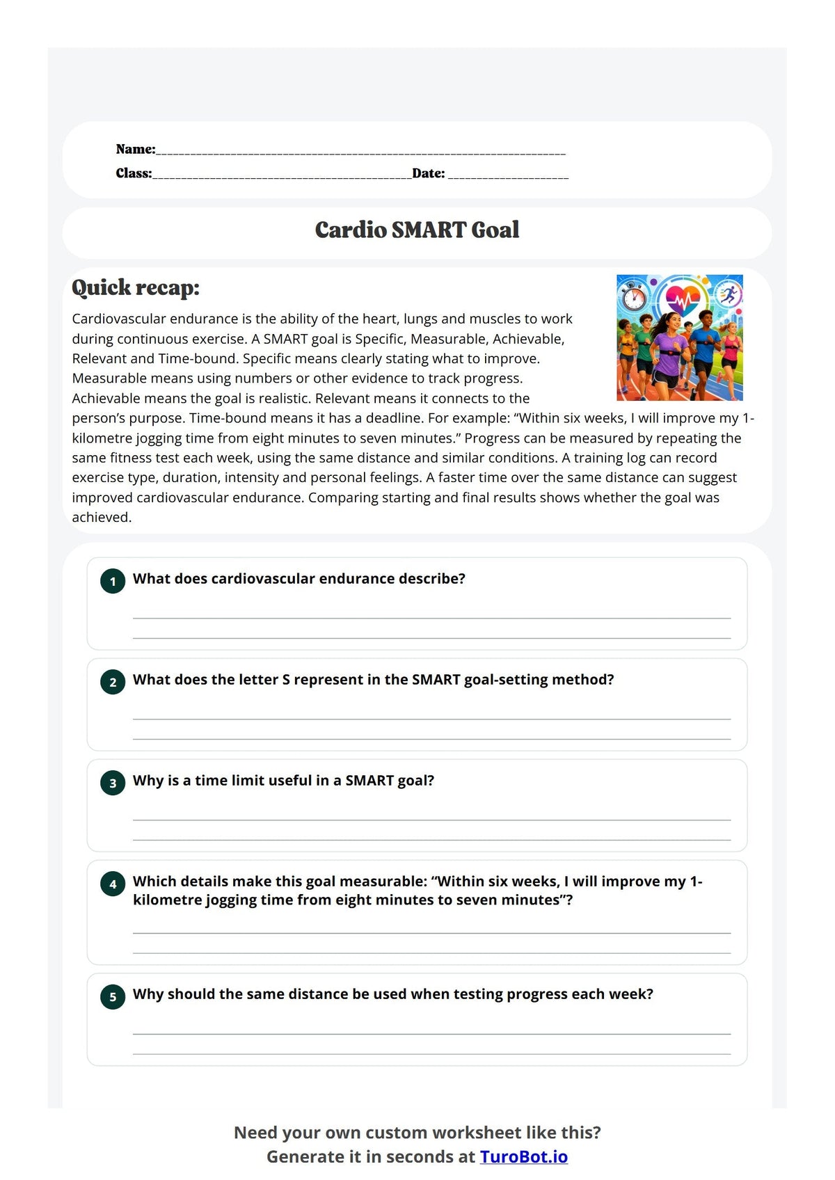 Free Year 7 Worksheet - Cardio SMART Goal preview