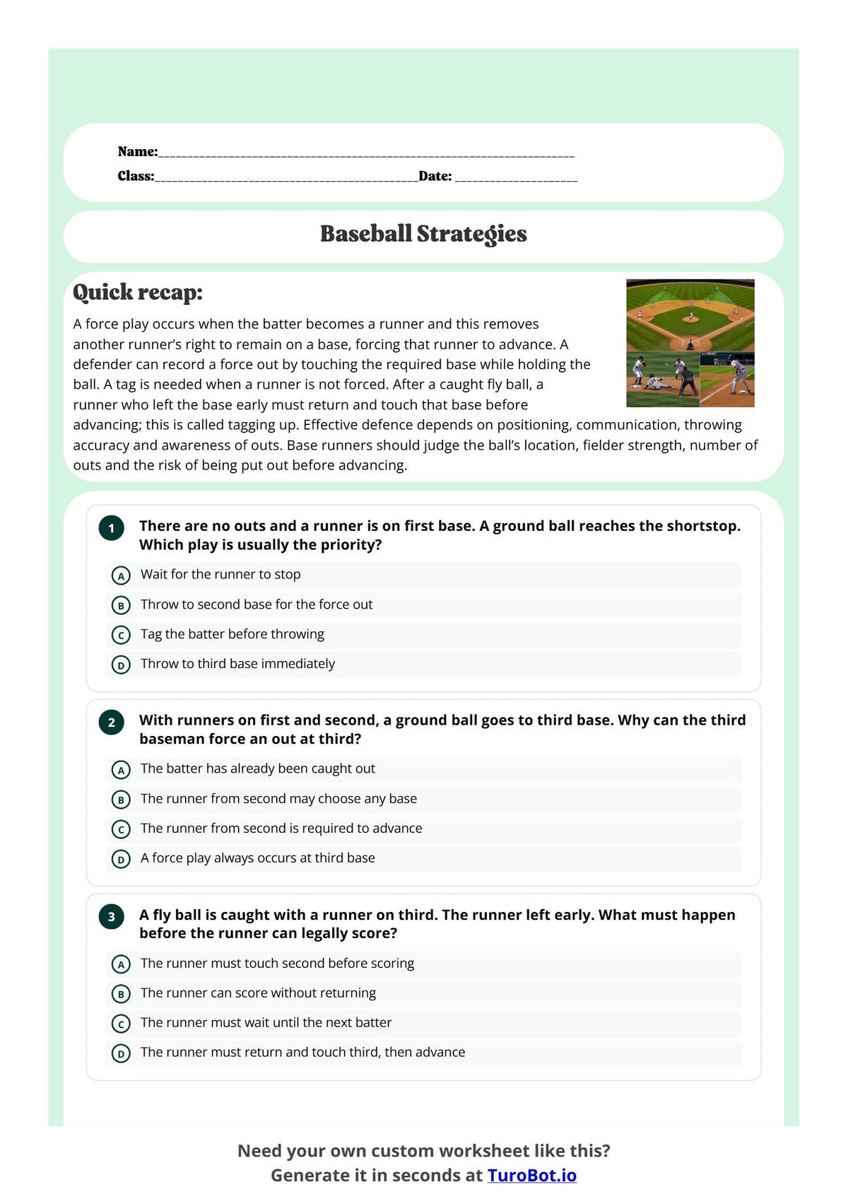 Free Year 8 Worksheet - Baseball Strategies preview