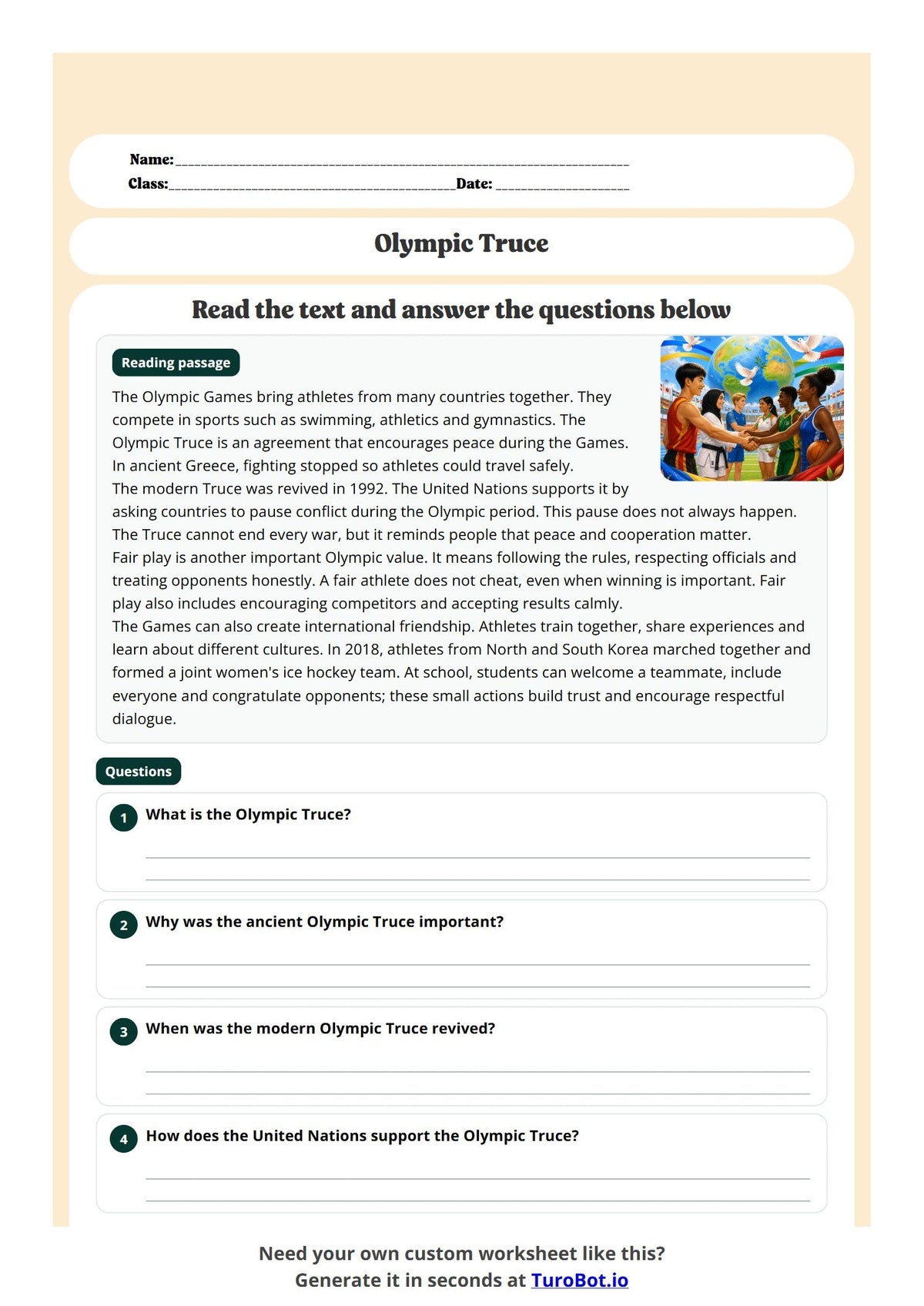 Free Year 6 Worksheet - Olympic Truce preview