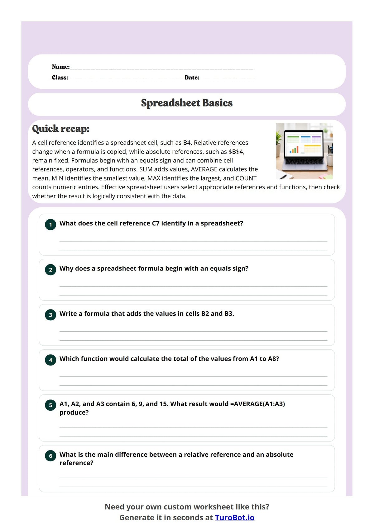 Free Year 11 Worksheet - Spreadsheet Basics preview