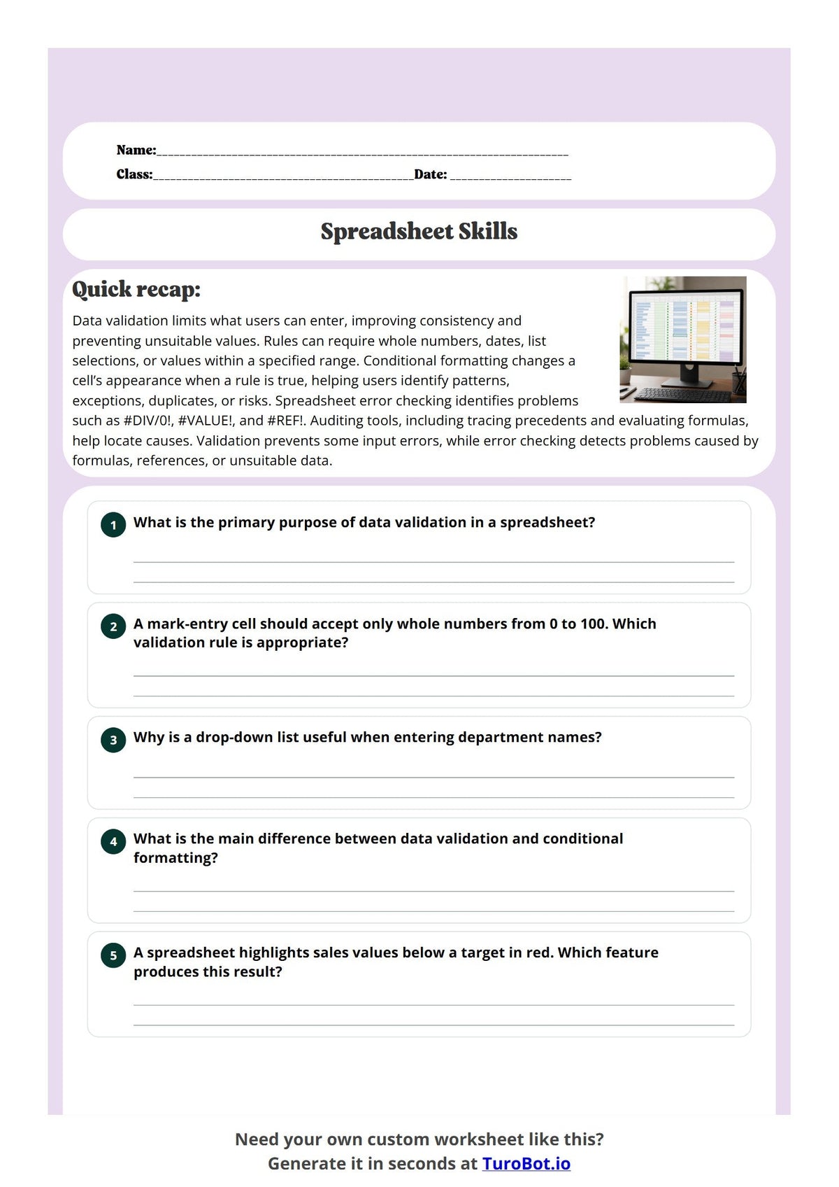 Free Year 12 Worksheet - Spreadsheet Skills preview