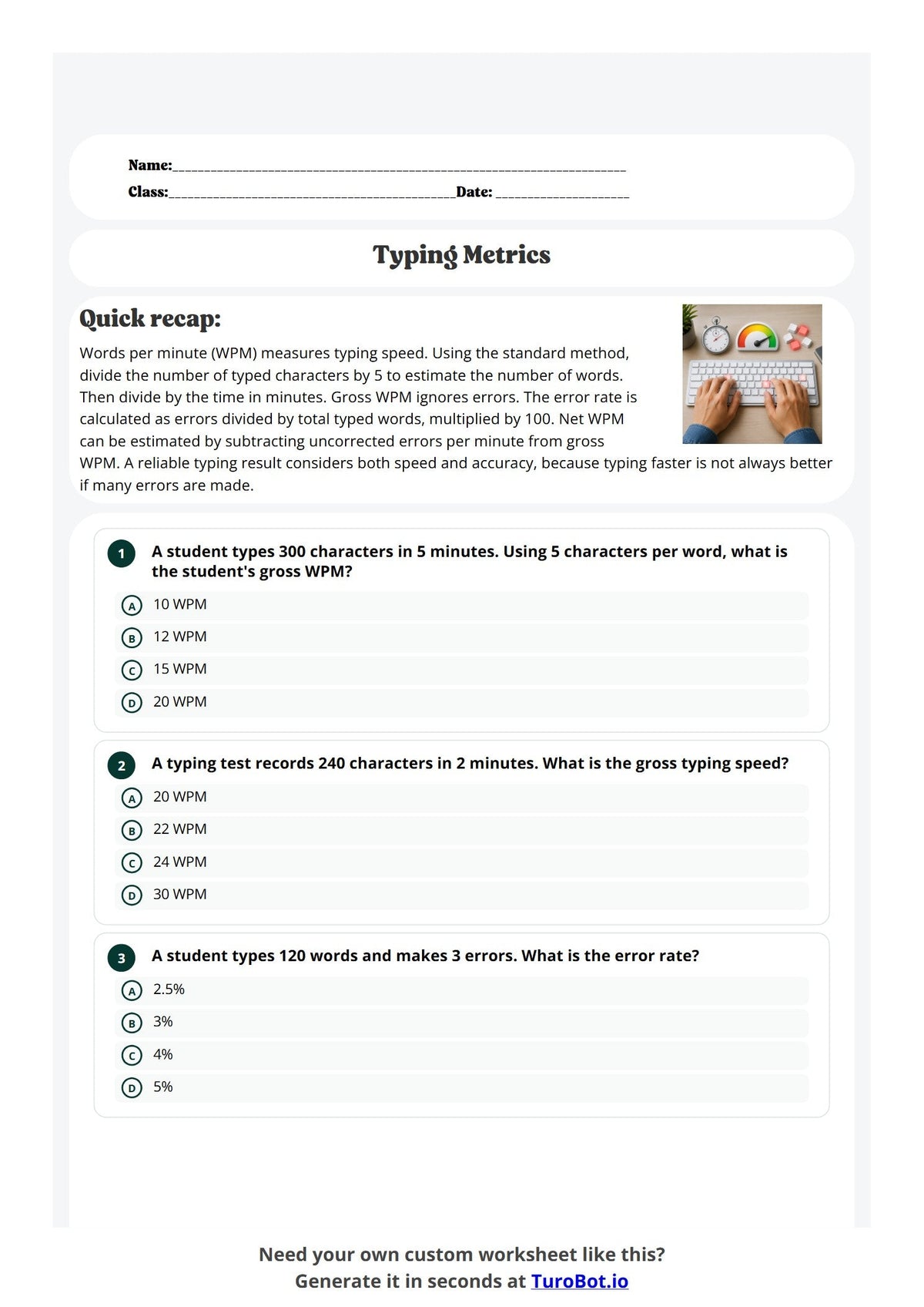 Free Year 9 Worksheet - Typing Metrics preview