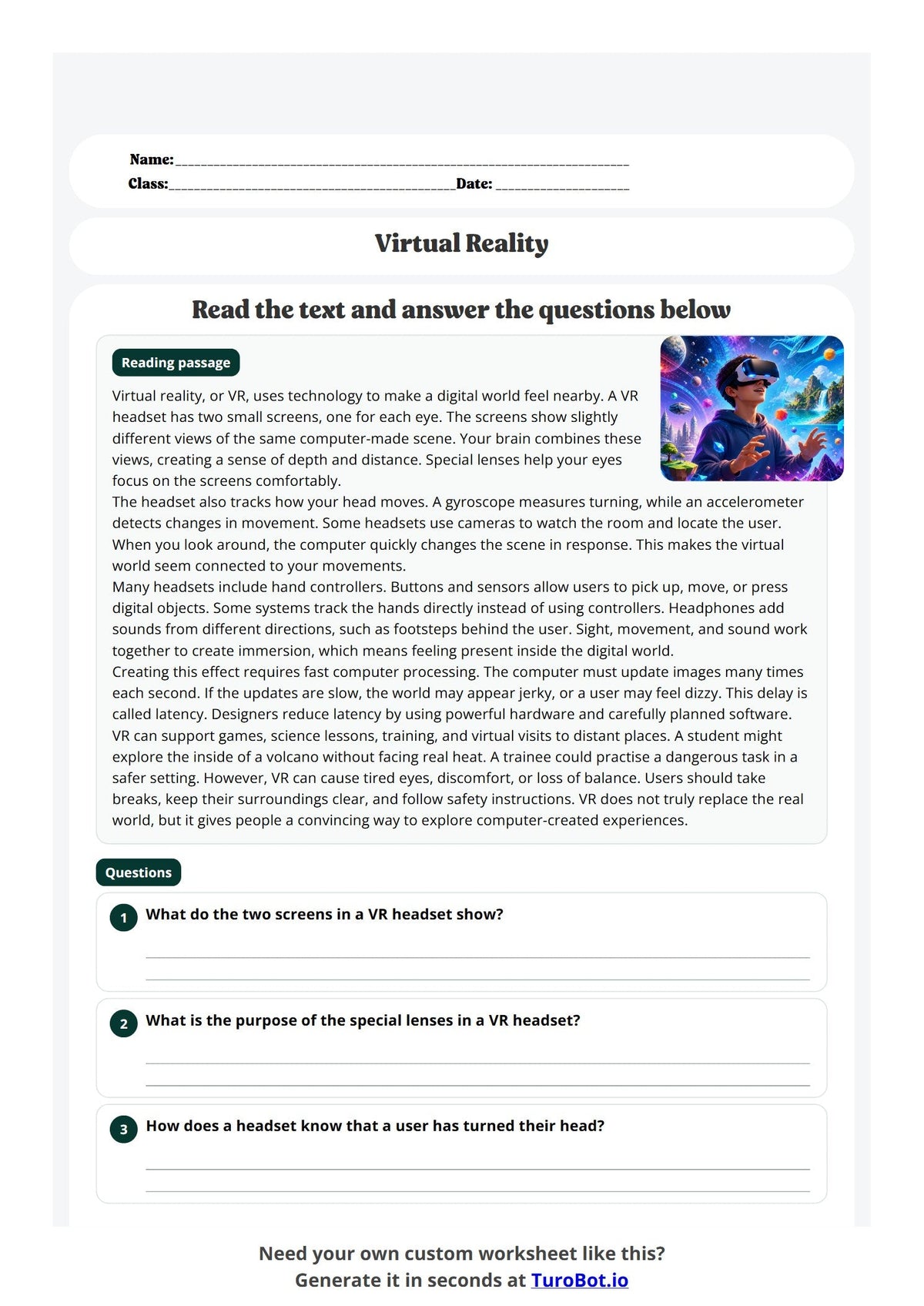 Free Year 7 Worksheet - Virtual Reality preview