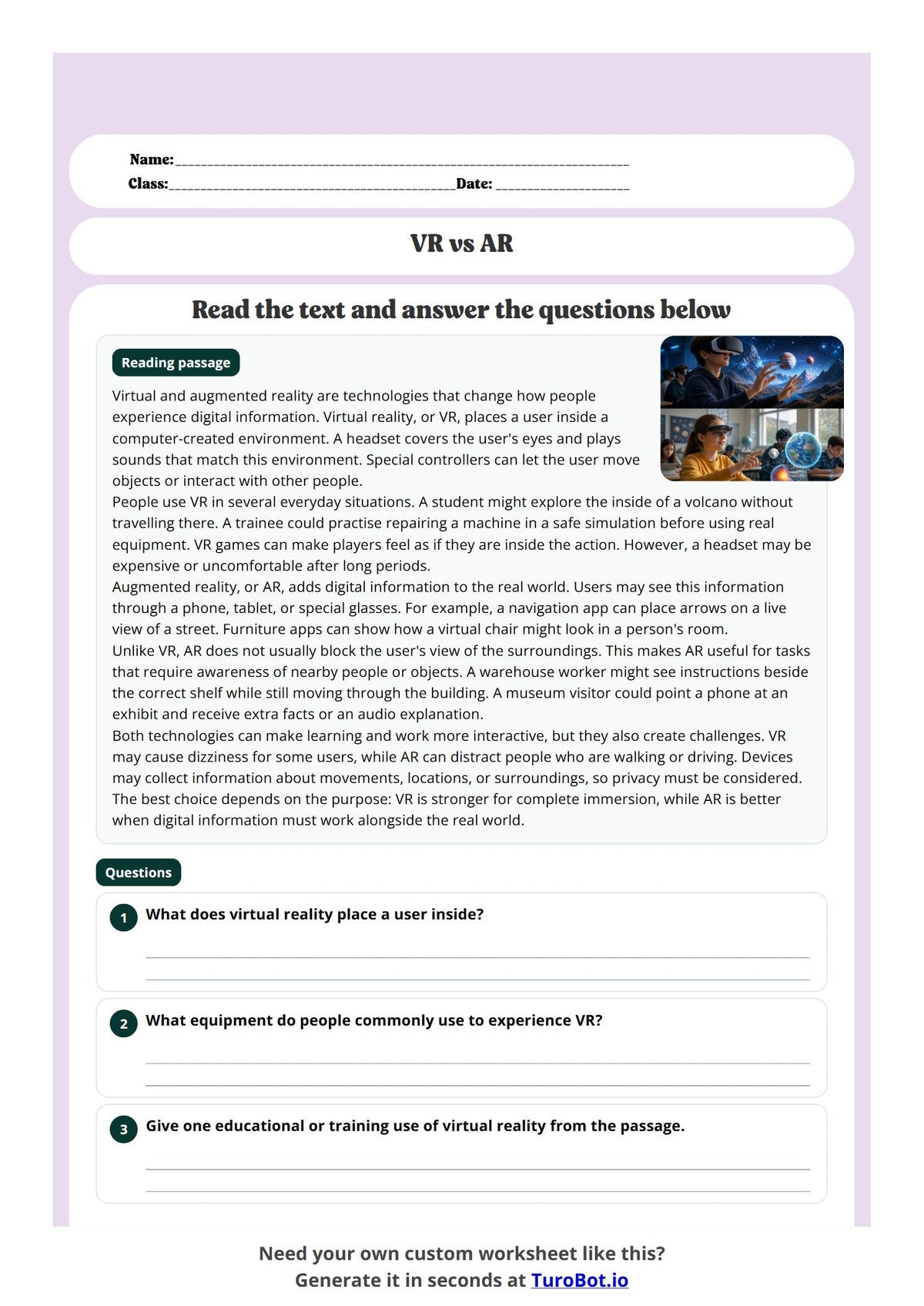 Free Year 8 Worksheet - VR vs AR preview