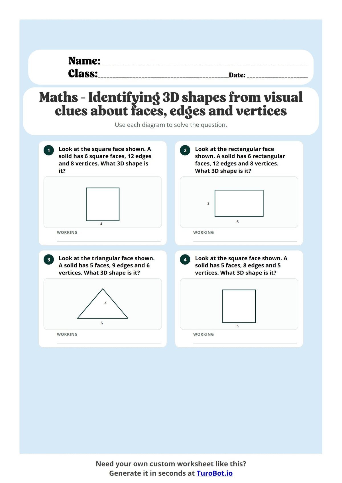 Free Year 4 Math Worksheet - Identifying 3D shapes preview