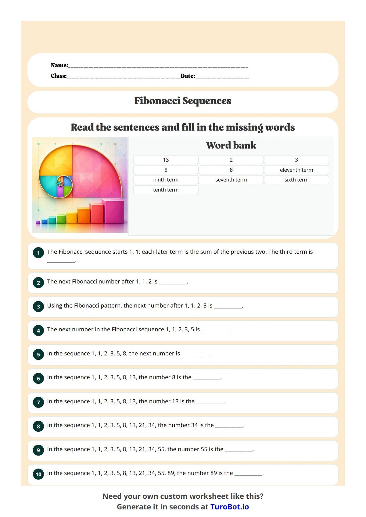 Free Year 7 Math Worksheet - Fibonacci Sequences preview