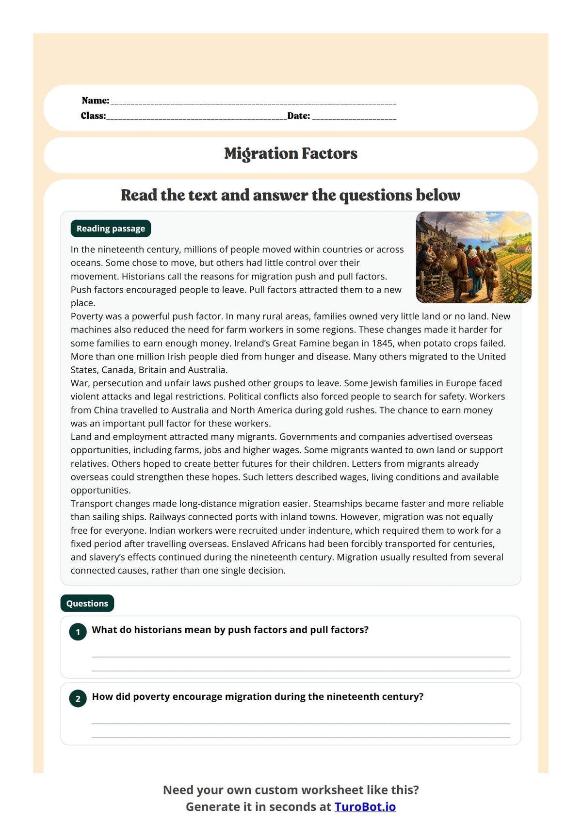 Free Year 7 Worksheet - Migration Factors preview
