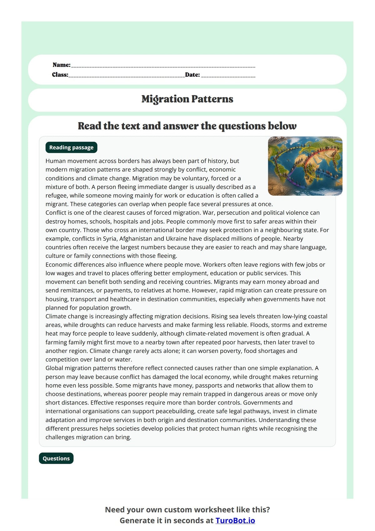 Free Year 10 Worksheet - Migration Patterns preview