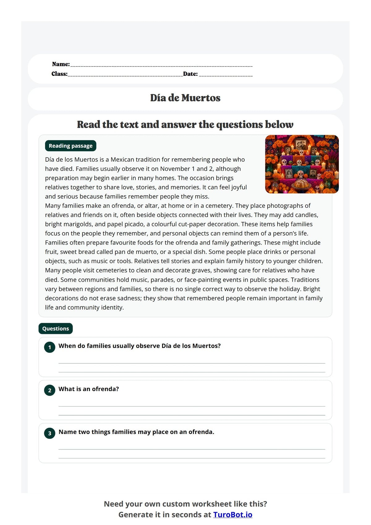 Free Year 5 Worksheet - Día de Muertos preview