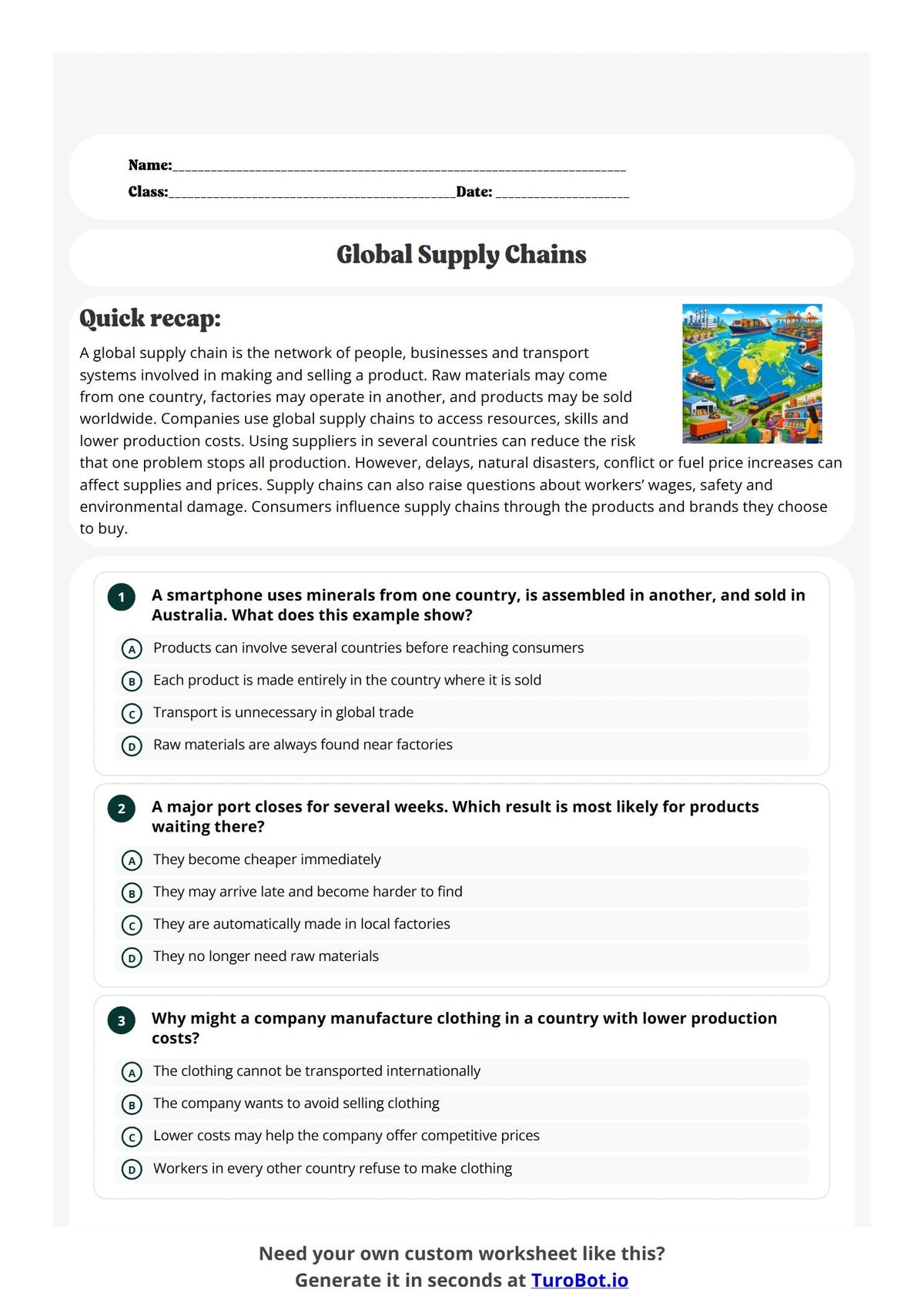 Free Year 7 Worksheet - Global Supply Chains preview
