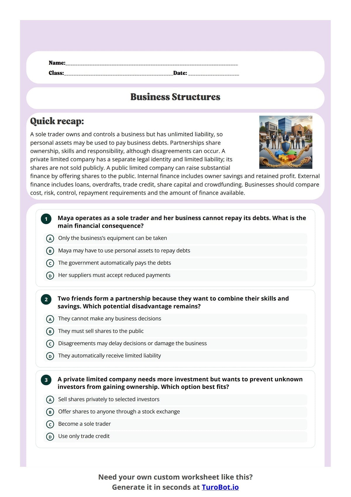 Free Year 10 Worksheet - Business Structures preview