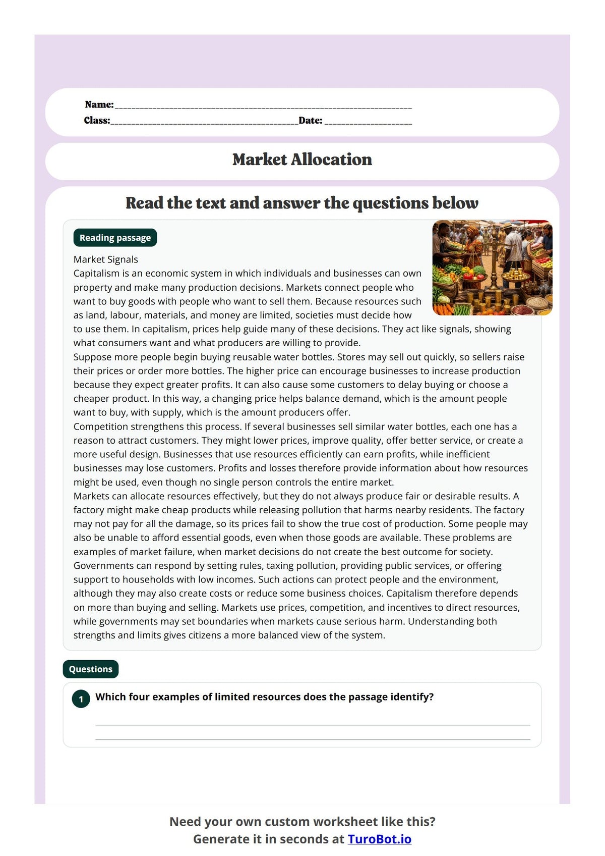 Free Year 9 Worksheet - Market Allocation preview