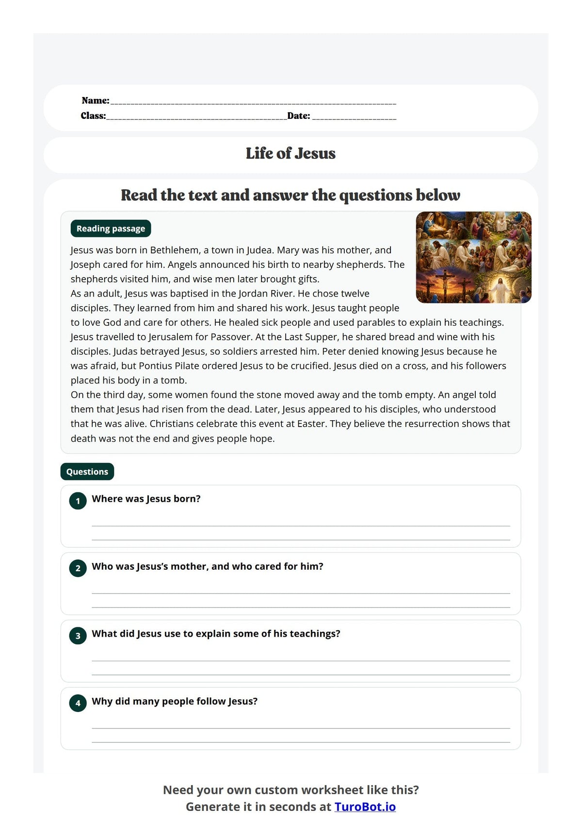 Free Year 4 Worksheet - Life of Jesus preview