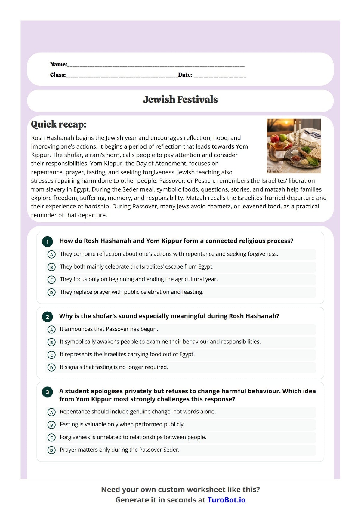 Free Year 8 Worksheet - Jewish Festivals preview