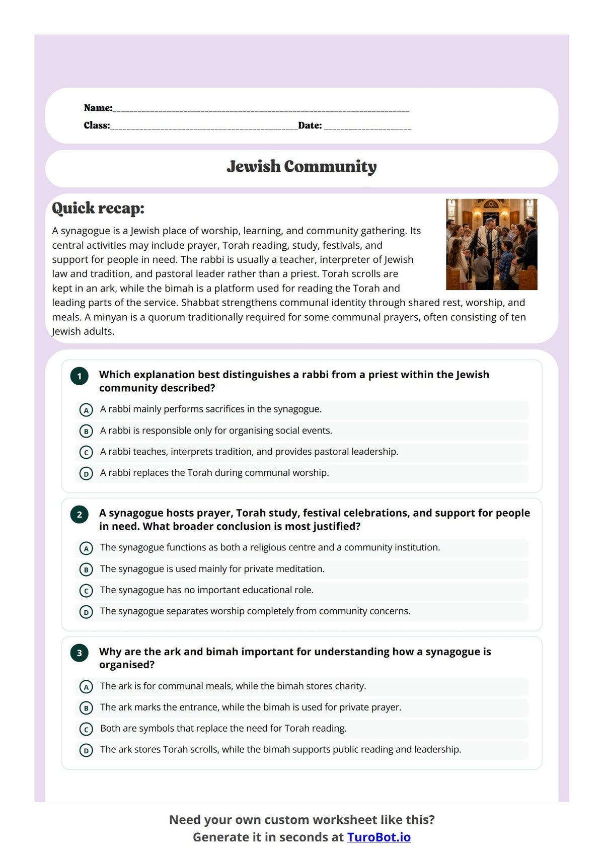 Free Year 9 Worksheet - Jewish Community preview