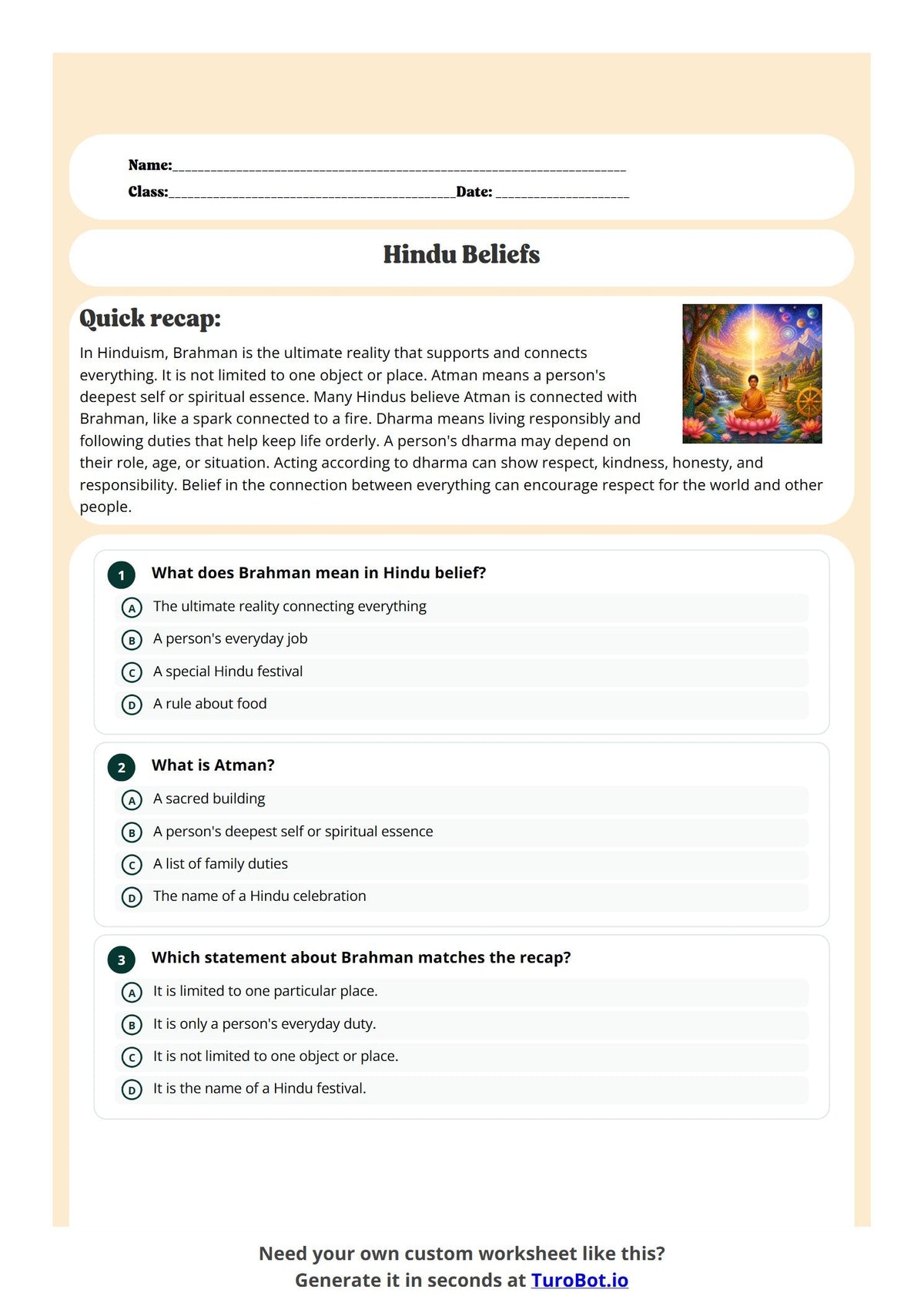 Free Year 5 Worksheet - Hindu Beliefs preview
