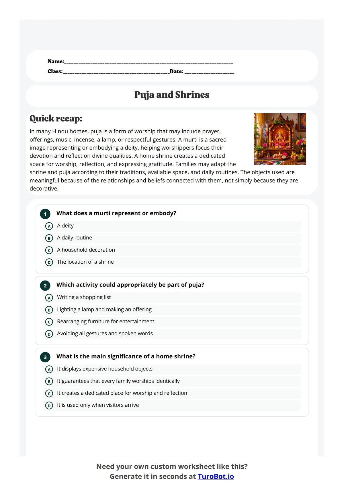 Free Year 7 Worksheet - Puja and Shrines preview