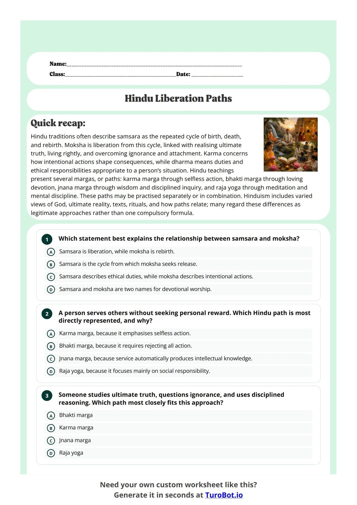 Free Year 10 Worksheet - Hindu Liberation Paths preview