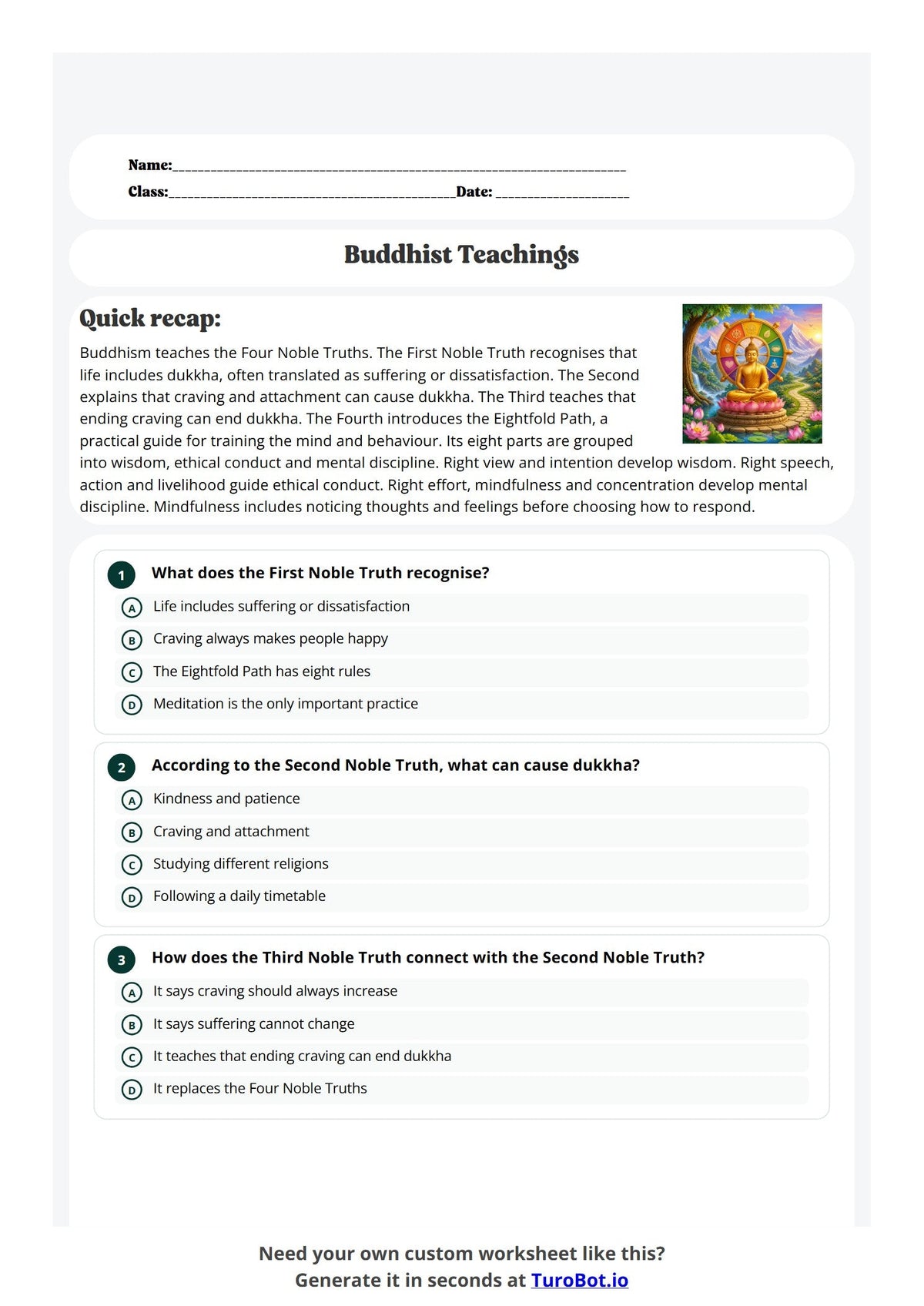 Free Year 6 Worksheet - Buddhist Teachings preview