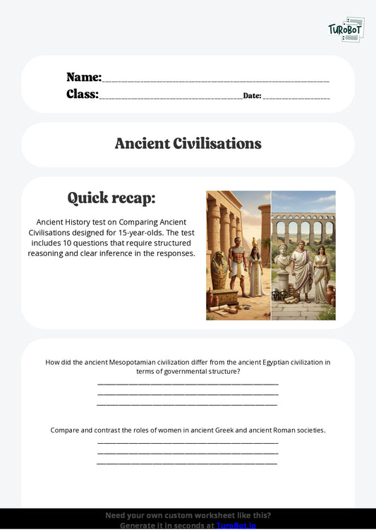 Free Worksheet - Year 10 Ancient History Comparing Ancient Civilisations Short Answer Response