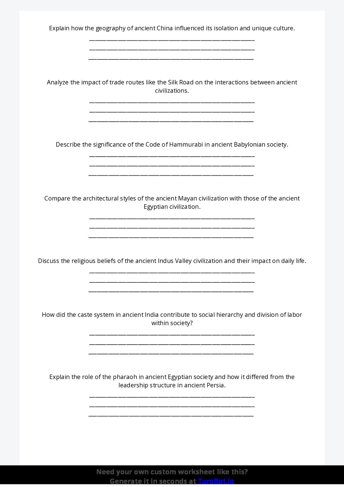 Free Worksheet - Year 10 Ancient History Comparing Ancient Civilisations Short Answer Response