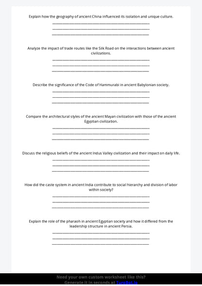 Free Worksheet - Year 10 Ancient History Comparing Ancient Civilisations Short Answer Response