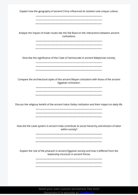 Free Worksheet - Year 10 Ancient History Comparing Ancient Civilisations Short Answer Response