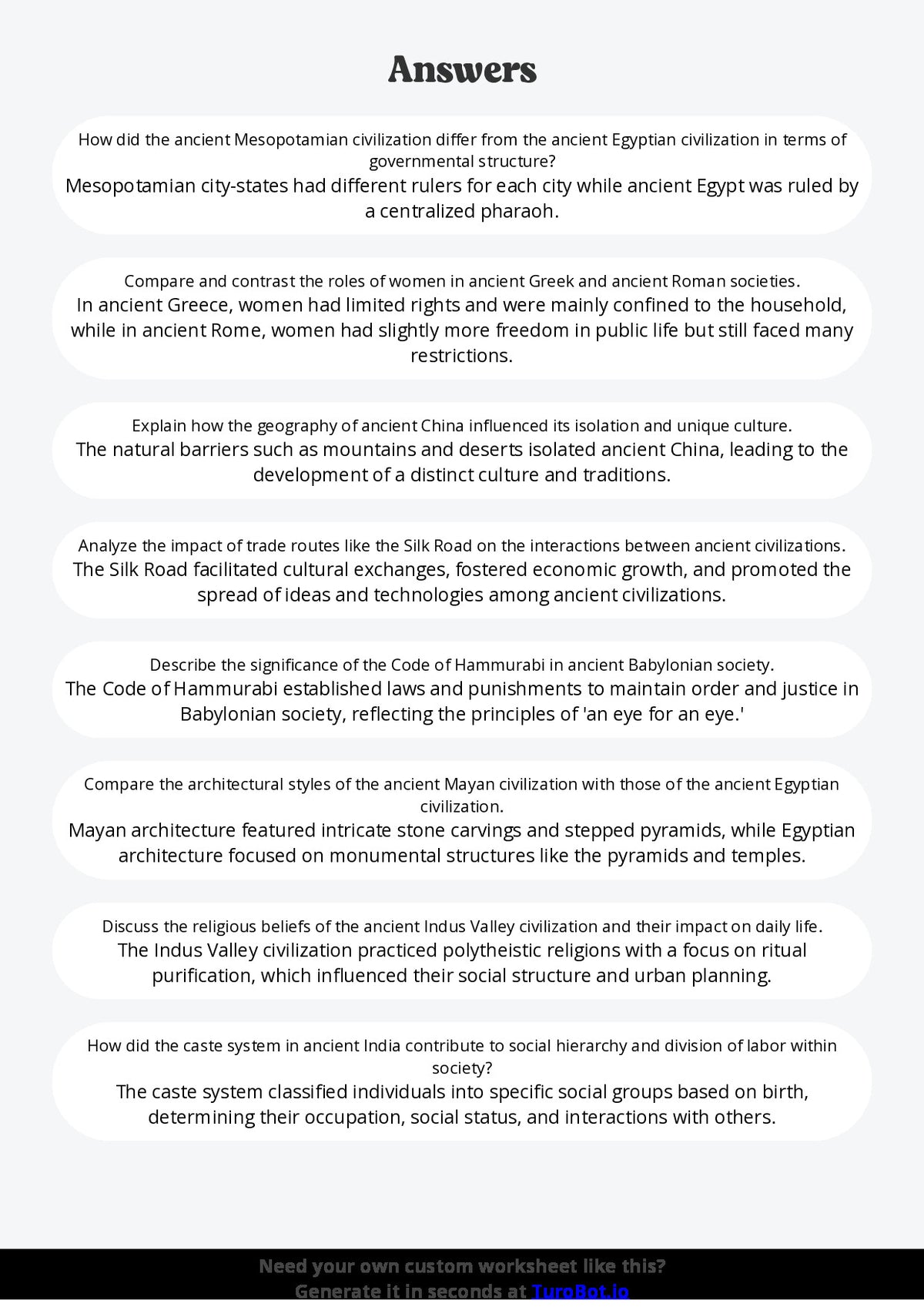 Free Worksheet - Year 10 Ancient History Comparing Ancient Civilisations Short Answer Response