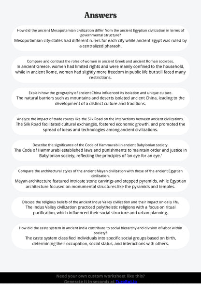 Free Worksheet - Year 10 Ancient History Comparing Ancient Civilisations Short Answer Response