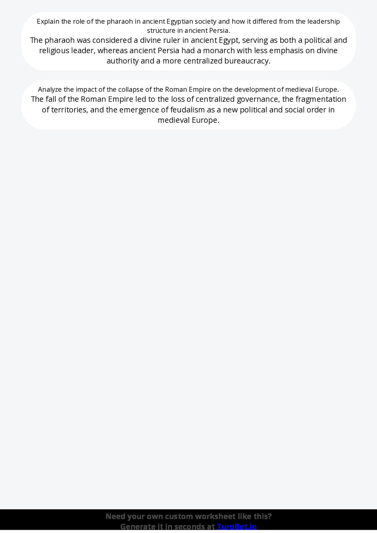 Free Worksheet - Year 10 Ancient History Comparing Ancient Civilisations Short Answer Response
