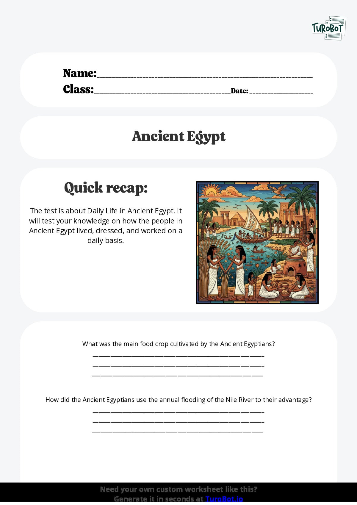 Free Worksheet - Year 6 Ancient History Daily Life in Ancient Egypt Short Answer Response