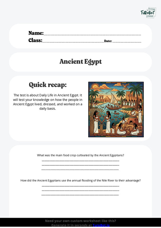 Free Worksheet - Year 6 Ancient History Daily Life in Ancient Egypt Short Answer Response